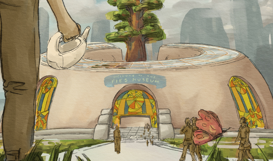 Museum entrance with man holding watering can