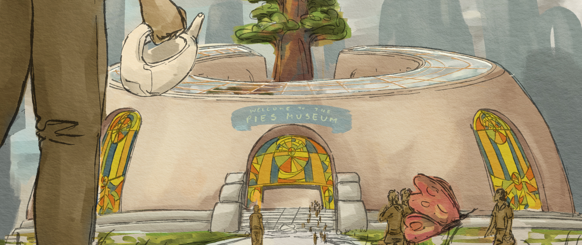 Museum entrance with man holding watering can